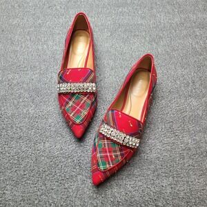 Talbots Loafers Womens 9M Red Excellent Plaid Rhinestone Pointed Toe Flats